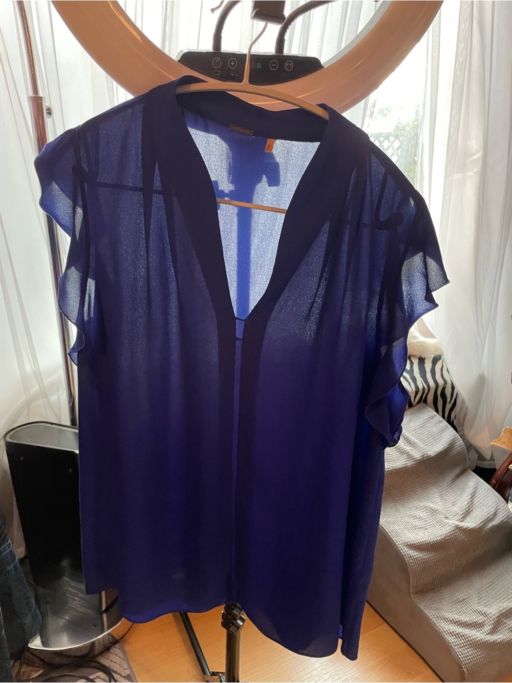 Elie Tahari Royal Blue Sheer V-Neck Flutter Sleeve Blouse